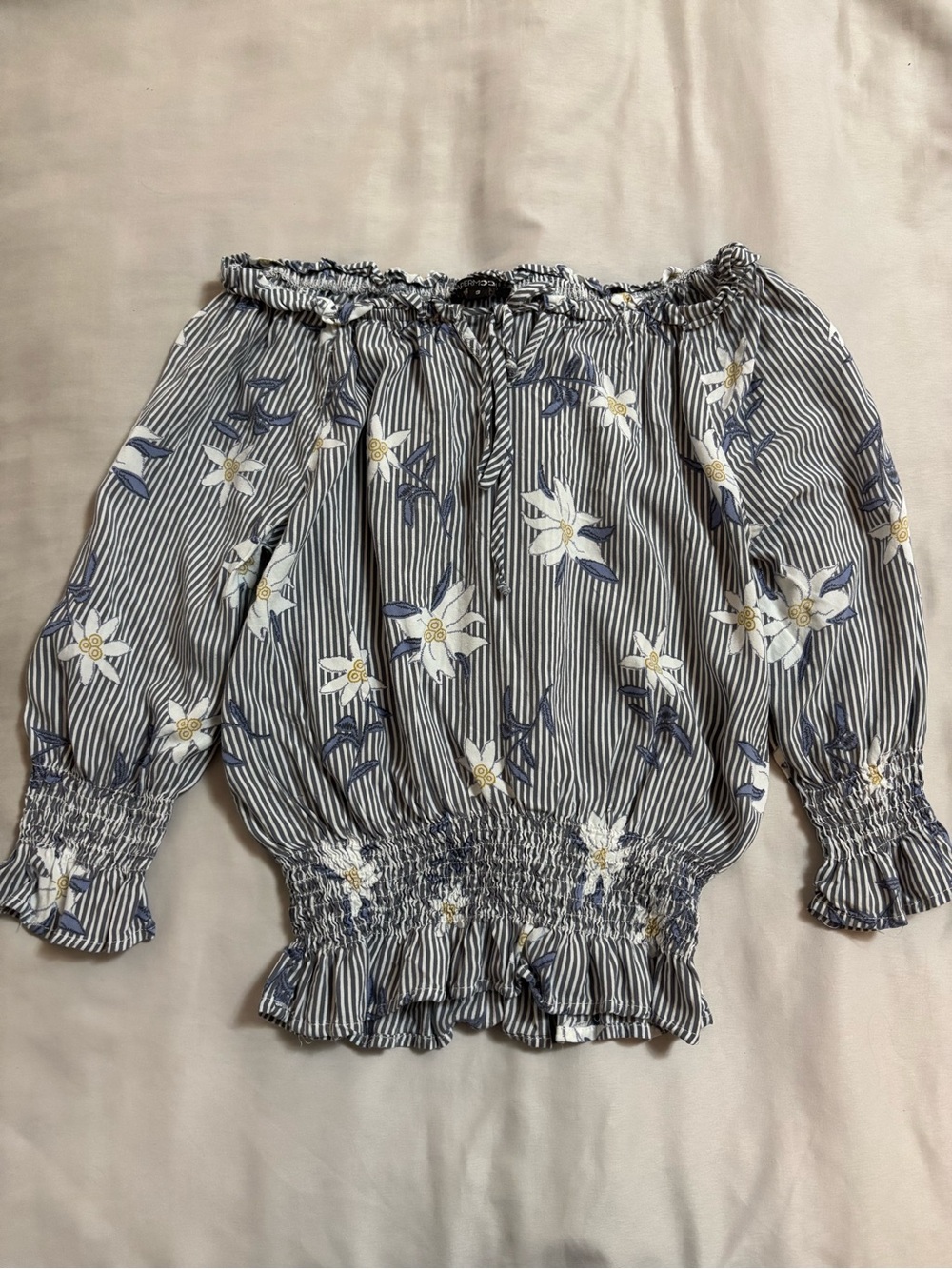 Papermoon Blue and White Striped Floral Off-Shoulder Blouse